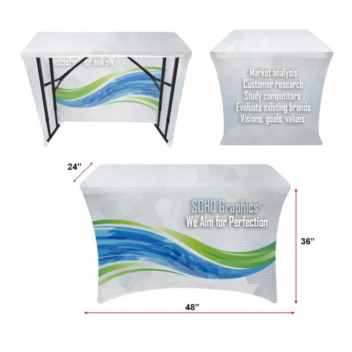 Sublimated Stretch Curved Fit Table Throw for 4ft Demo, Sampling Table, 3 sided, Open Back Thumbnail